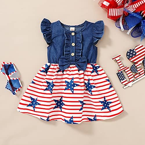 Happyma Criando bebê menina 4º de julho Vestido brifa Bowknot sem mangas American Flag Star Print Skirt Independence Day Roupas