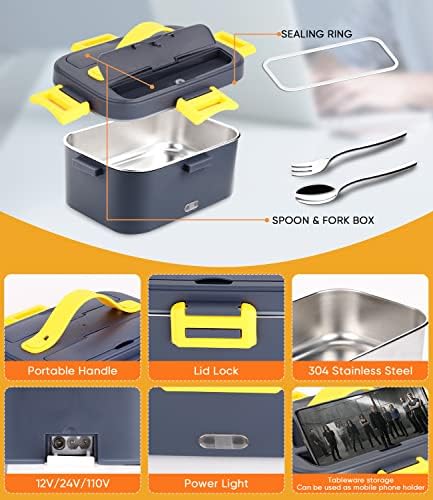 UNUMAC Electric Lanch Box Heater [mais rápido-75W, Large-1.8L], 12/24V/110V Almoço mais quente portátil para trabalho [Use Be Car