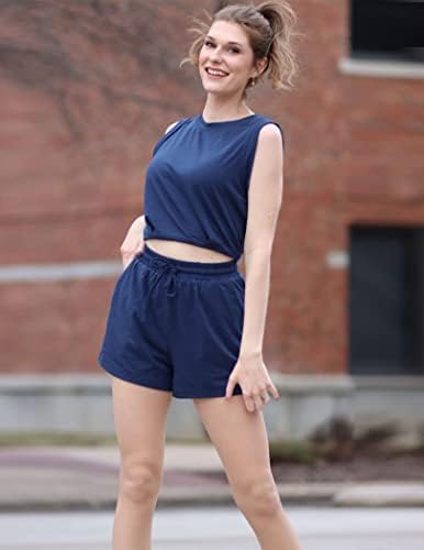 Terno casual de verão feminino de Zeagoo 2 peças Camisa casual de algodão casual e shorts de bolso elástico, azul marinho, pequeno
