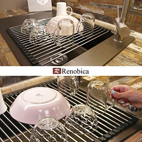 Renobica Roll Up Dish Secying Rack 21 x 16 - Sobre a pia para balcão de cozinha, Sus304 dobrável Secando aço inoxidável rack para