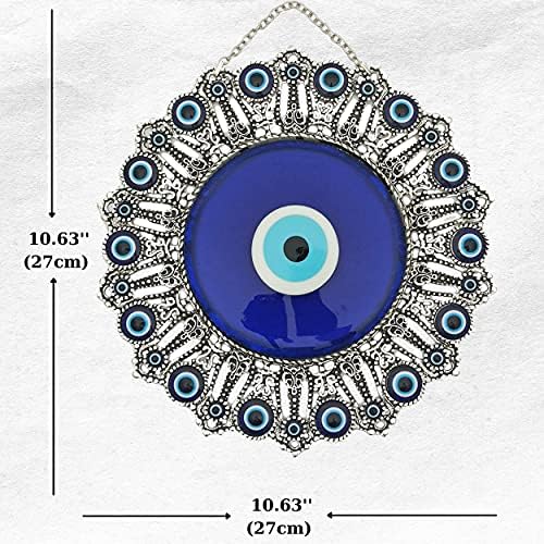 Erbulus Turkish X -Large Glass Blue Mal Ey Eye Wall pendurado Ornamento com design redondo de olho - Decoração de casa de metal - Amuleto de Dinco Nazar Turco - Proteção e Boa sorte Presente Charm