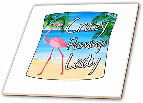 3drose engraçado louco de flamingo dama em uma praia tropical com palmeiras. - Azulejos