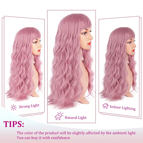 Hircomp rosa perucas com franja longa perucas rosa para mulheres perucas rosa natural 24 polegadas onduladas de perucas rosa