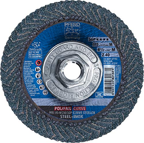 PFERD 67258 Polifan PFR Curva Tipo de radial Disco de aba, óxido de cerâmica, 4-1/2 Diâmetro, 5/8-11 Thread, 13300 rpm,