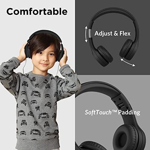 Lilgadgets Connect+ Style Wired Kids fones de ouvido com tecnologia Shareport®, fone de ouvido dobrável para crianças com microfone embutido, projetado para ser confortável para crianças pequenas na escola, preto