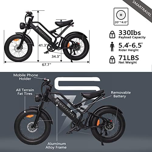 Bicicleta elétrica SMARTRAVEL DK400 para adultos, ebike com motor de 1200w, bateria removível de 48V/17.5AH, até 28+mph,