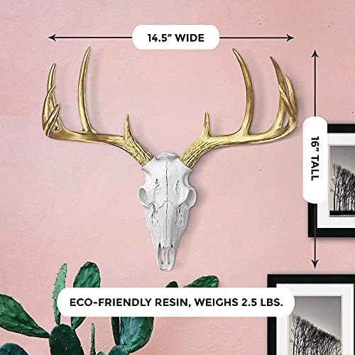 Capacidade de parede Mini White + Gold Antler Faux Deer Skull - 16 Faux Taxidermy Animal Head Wall Decor - Decoração