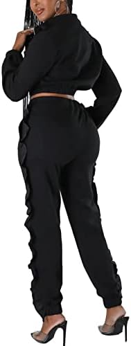 Calças de babados de traje para mulheres - 2 peças roupas de manga longa com zíper tampa + calça de borda agarica longa.