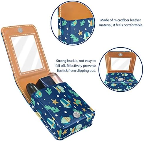 Peixe fofo azul de batom pequeno de batom com espelho para bolsa, suporte de maquiagem cosmética de couro durável, kit de armazenamento cosmético de viagem portátil