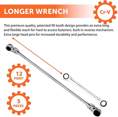 K Tool International XDDBM10 5 Peças Clearia de catraca de caixa dupla reversível para garagens, oficinas de reparo e DIY, spline universal, projeto 90 de dente, cabeça rotativa de 180 graus, bandeja de organização preta Black