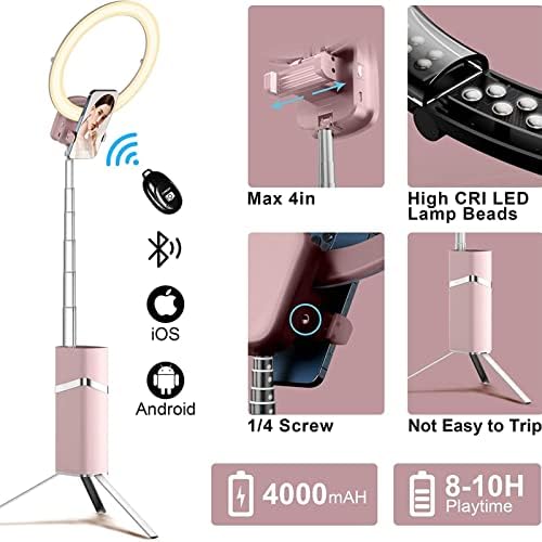 Luz de anel portátil, bateria de 4000mAh sem fio sem fio, luz de anel de 10 , luz dobrável do anel de viagem, suporte para tripé de 79 para videoconferência/selfie/transmissão ao vivo/maquiagem, rosa