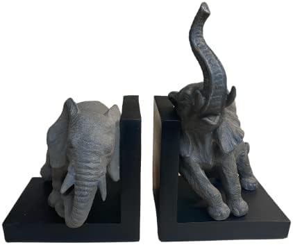Elefantes confortáveis ​​Bookends Art Bookend para prateleiras, escritório em casa, 12 x 10 Conjunto de 2, 1 par, cinza e preto, coleção de polirresina, vida selvagem