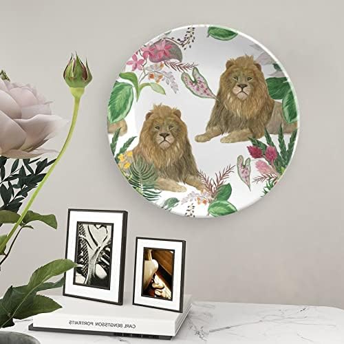 Aquarela Lion e folhas tropicais Folhas de ossos engraçados China decorativa Placas de cerâmica redonda Craft With Display