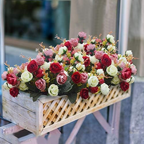 Turnmeon 63 Heads Rose Flowers Artificial Bouquet 3 Facos de Flores Falsas para Cemitério Decorações de Verão Flores de Seda Falsa