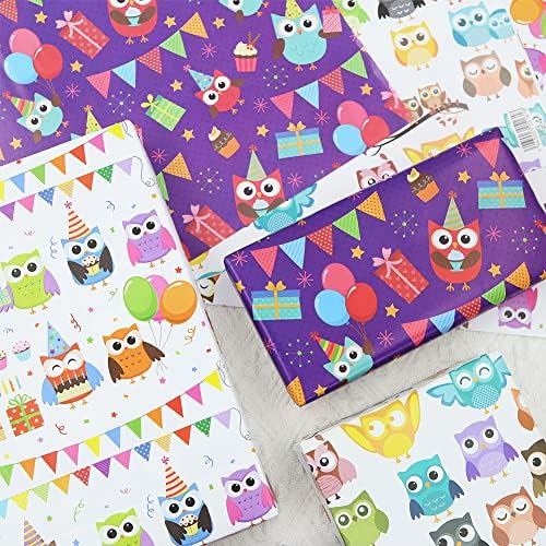 Papel de embrulho de coruja colorida apol para crianças, 6 lençóis dobrados Purple White Cartoon Owl Birthday Papel com bolo de balão para chuveiros de bebê menino de garoto de garotão de garotão de papel artesanal, 30 * 20 polegadas