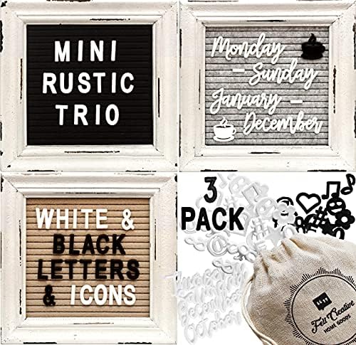 Mini Rustic Felt Letter Board Farmhouse Trio Message Boards por Felt Creative Home Goods Frames Vintage Frames 3 Pacote de embalagem preto e branco Conjunto de letras Cursivas Dias