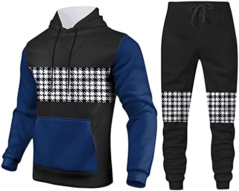 BMISEGM Terne for Men Autumn/Winter Fashion Sports Sports Spliced ​​Plaid com capuz de veludo de bolso Capuz Pant Two