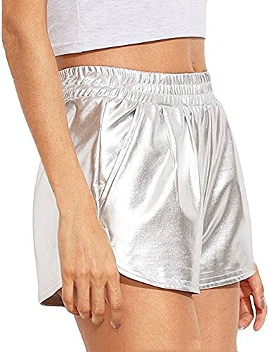 Tantisy ◢ shorts metálicos brilhantes femininos de mulheres brilhantes com calças curtas com bolsos elásticos, shorts de