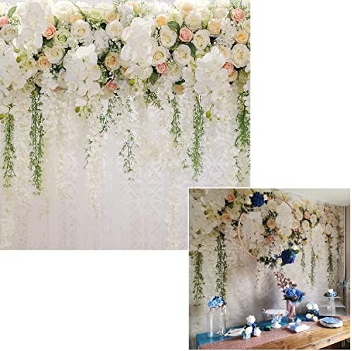 Chuveiro de noiva 10x8ft Wedding Floral Wall Cenário Branco e Verde Wisteria Rose Flores de Fundamento ao ar livre para fotografia XT-6749