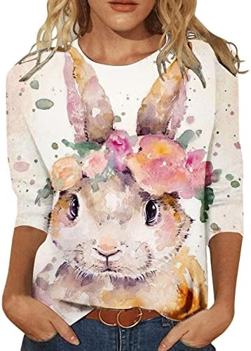 Camisa do coelho da Páscoa do verão diário feminino para mulheres fofas tampos impressos de manga comprida Terreira Tshirts 3/4 de manga