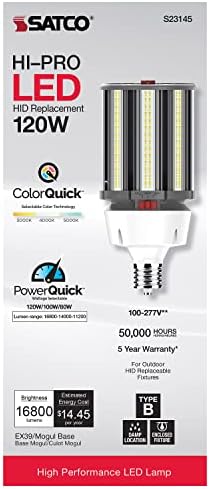 SATCO S23145 HI-PRO Wattage e temperatura de cor Lâmpada de milho LED selecionável, substituição oculta, base ex39, 120w/100w/80w, 3000k/4000k/5000k, 1 contagem