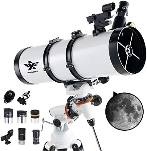 Telescópio Force-X, Abertura de 130 mm de 650 mm Mount Mount Astronomical Reflector Telescópio, telescópio para crianças, telescópios para astronomia dos adultos, com adaptador de telefone e remoto sem fio