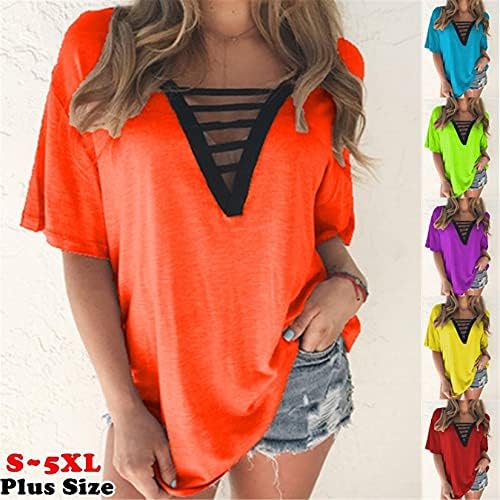 ANDONGNYWELL Feminino Tops de manga curta Camisas de decote em V Camisetas de túnica de túnica solta Hem Camiseta multicolor casual