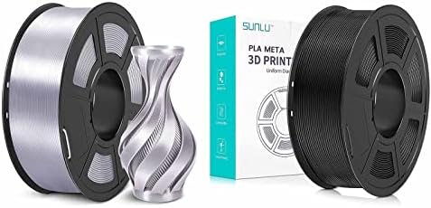 Impressora 3D Filamento de seda e meta filamento PLA, SunLU Filamento de seda brilhante 1,75 mm, superfície lisa e sedosa, ótima fácil de imprimir para impressoras 3D, precisão dimensional +/- 0,02mm, prata de seda 1 kg, preto