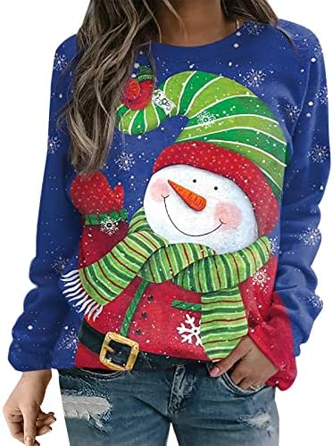 Sorto casual hoksml para mulheres Elk Floco de neve redondo pescoço de manga comprida Pulli com capuzes de capuz de Natal