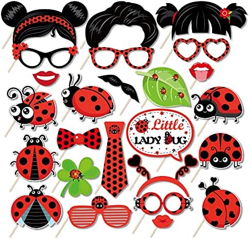 Kristin Paradise 25pcs Ladybug Photo Booth adereços com bastão, Little Lady Bug Theme Selfie adereços, suprimentos de festa de aniversário