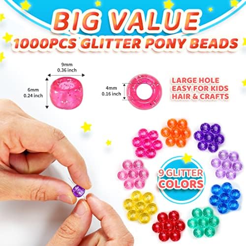 1000 contas de pônei glitter+200 pacote de produtos de limpeza de tubos vermelhos, contas de pônei, produtos de limpeza