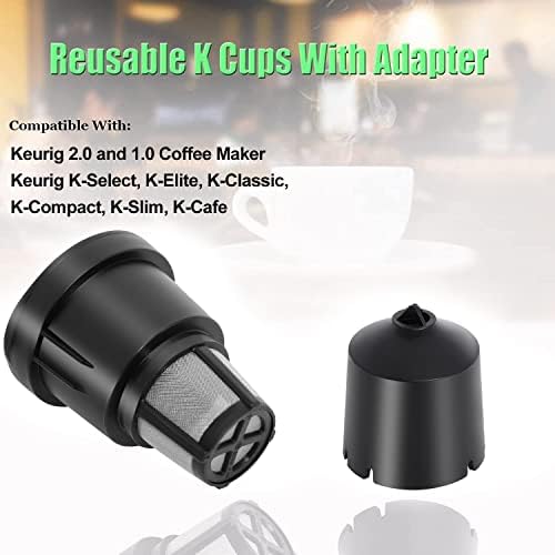Copos K reutilizáveis ​​para Keurig, xícaras K reutilizáveis ​​com adaptador para Keurig 2.0 e 1.0 Cafety cafeting, filtro de co-cup reutilizável para Keurig K-Select, K-Elite, K-Classic, K-Compact, K-Slim, K-Cafe