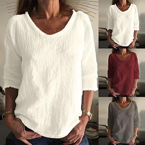 Tops de linho de algodão para mulheres 3/4 manga de cor sólida blusa casual casual colheita de triwneck de camisetas básicas de