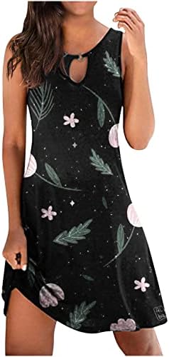 Vestido de verão para mulheres, vestido de tanque sem mangas de verão, vestido solto de tripulação hollow out boho impressão floral praia vestido