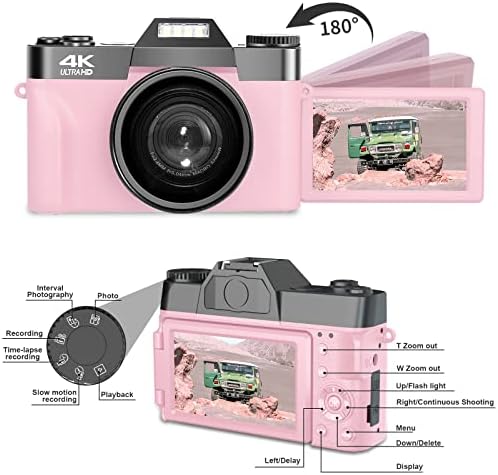 Câmeras digitais para fotografia, câmera de 48MP de 48MP VLOGGING 16X Digital Zoom Manual Foco Câmera recarregável de estudantes com lente grande angular de 52 mm e lente macro, 32g Micro Card e 2 baterias