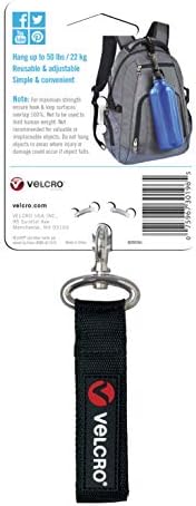 Velcro Brand VEL-30196-USA Easy Hang tira com clipe de carabiner Anexe garrafas e acessórios de água a bicicletas, sacolas e muito mais. Organização para Garden, Shed, RV. Extra Small-1pk, preto