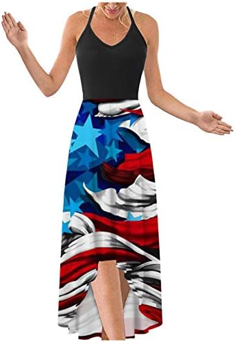 4 de julho vestido maxi para mulheres de verão casual vestido EUA bandeira cami scoop scoop estrelas listradas listradas