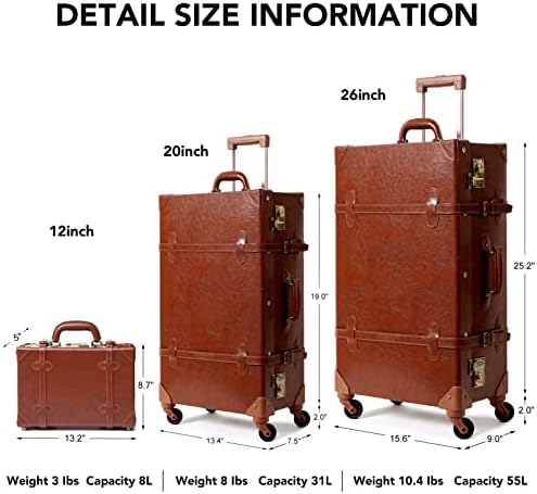 Universal Trotter Vintage Style Bagage Conjunto de 3 peças, trava TSA, roda giratória, check-in de 26 , 20 de mão, 12