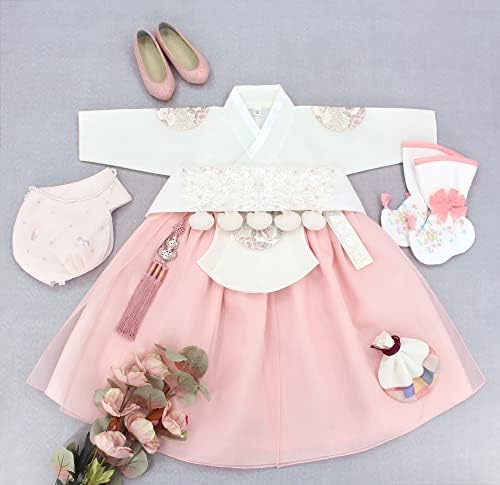 Hanbok Girl Baby Korea Set Tradition Clothing Conjunto de pêssego de marfim de pêssego 100 dias Primeira festa de aniversário