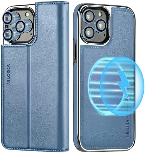Caixa de carteira destacável Niloska para iPhone 13 Pro Max - Luxo Caso magnético de fólio de couro vegano com suporte para