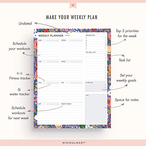 Planejador semanal Minimalmart com 52 folhas de rasgo de 8,5 x 11, calendário vibrante semanal, organizador, agendador, rastreador