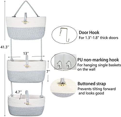 TRYSQUARE SOBRE O Organizador de porta Organizador pendurado cesto de cesta de 3 camadas Caskets pendurados para o quarto Berçário e banheiro, cinza branco