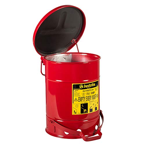 Justrite Soundguard 09104 lata de lata oleosa de aço galvanizada com cobertura operada pelo pé, capacidade de 6 galões, prata