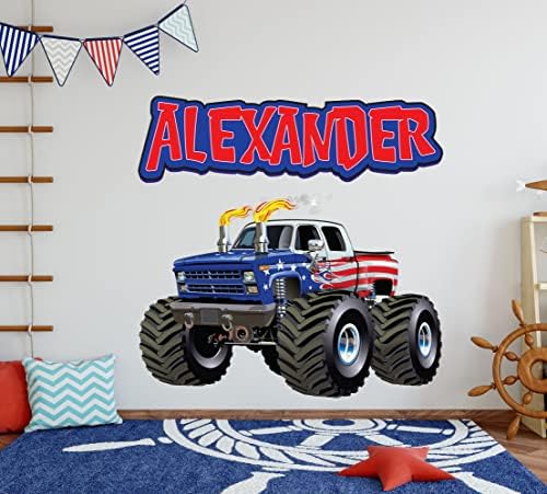 Decalque de caminhão monstro - Nome das crianças Decoração de parede - Nome personalizado Decalques de parede para meninos