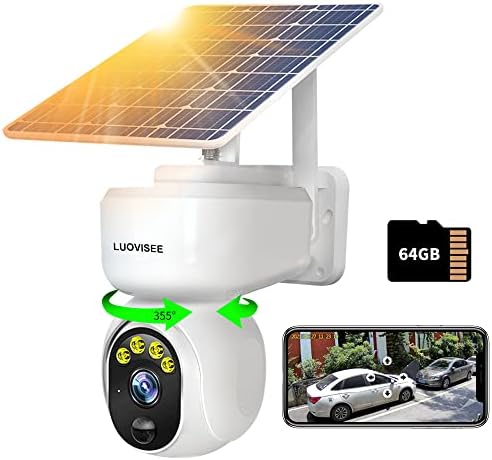 Câmera de Segurança para Casa Doméstica Solar de Solar sem fio Luoovisee PTZ Visão noturna colorida com áudio, alarme de detecção de movimento PIR, cartão SD 64g, bateria recarregável, prova meteorológica IP65, sirene, 360 View