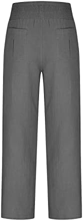 Oplxuo Casual Pants de linho solto para mulheres Summer Boho Beach Palazzo calça elástica de cintura alta com bolsos