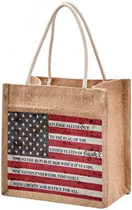 American Flag patriótico Juta Jute Bolsa Estrelas Us Stripes 4 de julho Reutiliza Bolsa de compras de mercearia reutiliza bolsas de mercado de bolsas de praia com alça para o presente de festa de casamento DIY 16,9 x 12,6 x 7,1 polegadas