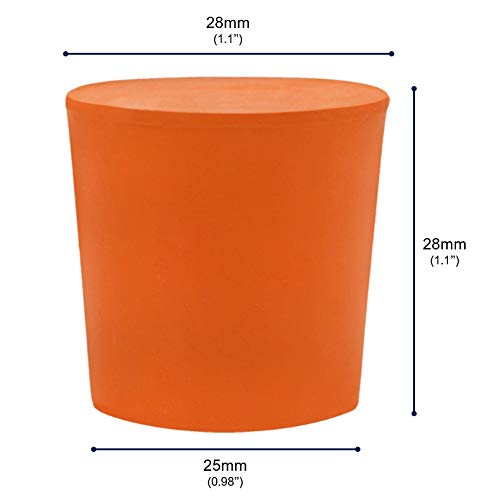 Stoppers de borracha sólida de 10pk - tamanho: fundo de 25 mm, superior de 28 mm, comprimento de 28 mm - laranja - qualidade superior, borracha sólida - resistente a ácido, alcalino e amônia - Eisco Labs