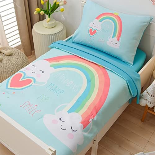 Conjunto de roupas de cama para criança arco -íris de Aimuan 4 peças Cama de bebê de nuvem colorida e macia Conjunto de bebês para meninos Conjunto de quadro do berçário de meninas