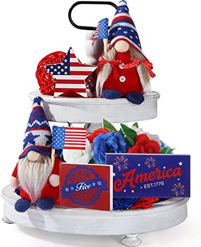 5 peças 4 de julho Decoração de bandeja em camadas patrióticas para casa, gnome patriótico luxuoso e sinais de madeira do Dia da Independência,